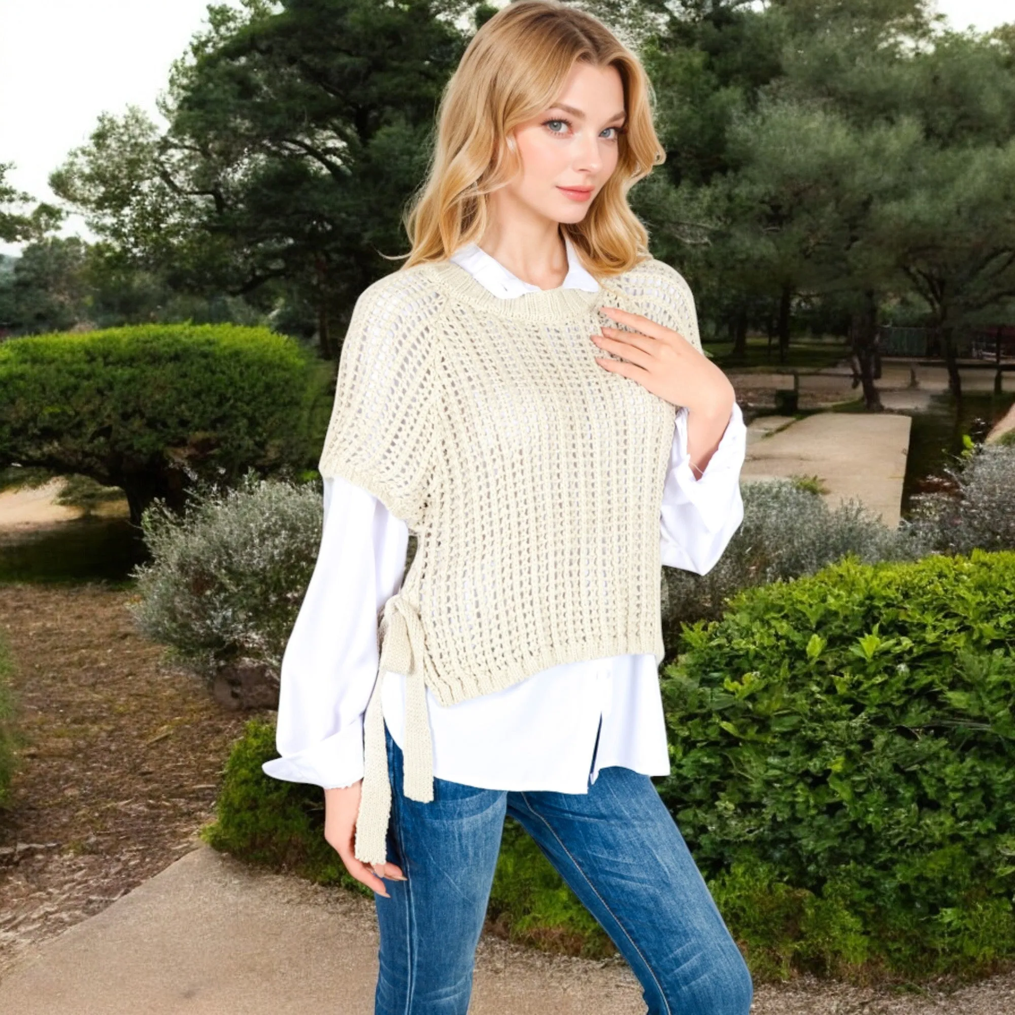 Anna-Kaci Women's Open Knit Pullover Sweater Vest with Cap Sleeves and Ribbed Hem