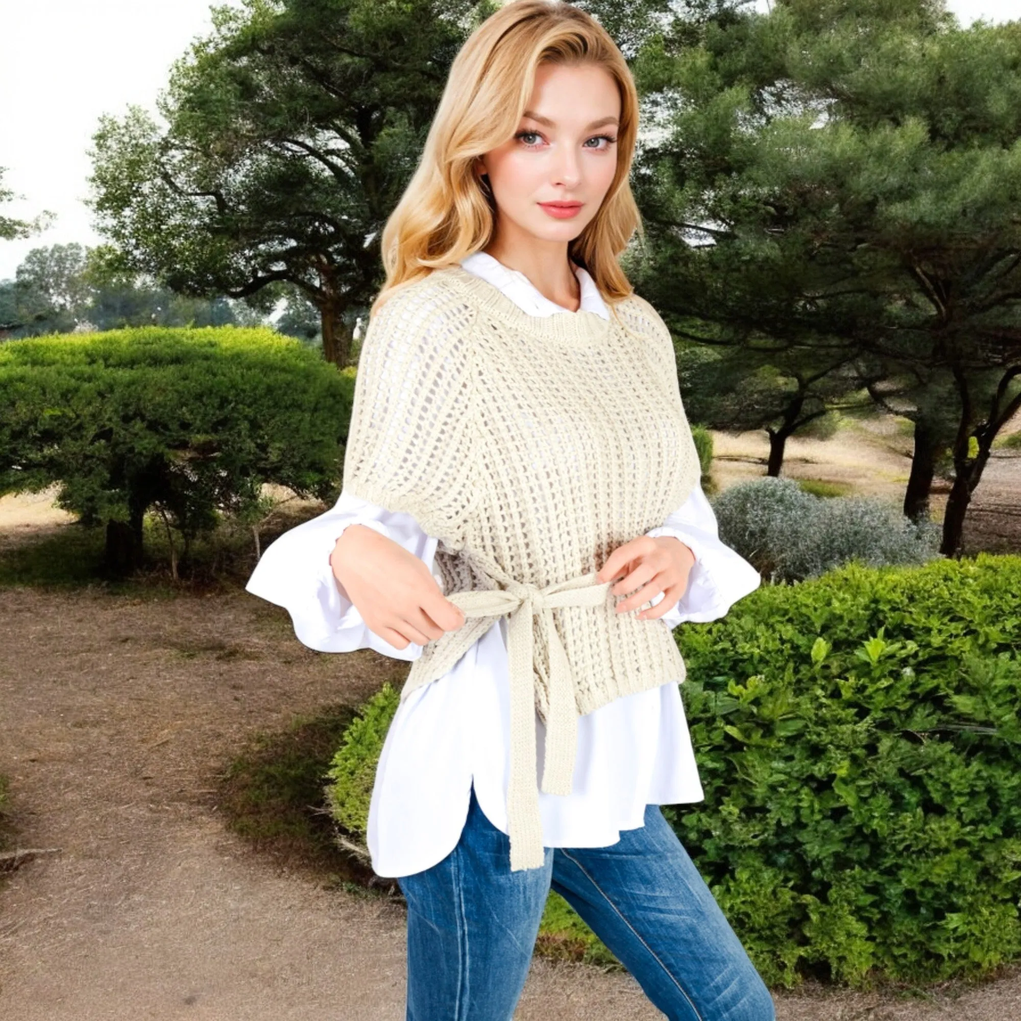 Anna-Kaci Women's Open Knit Pullover Sweater Vest with Cap Sleeves and Ribbed Hem