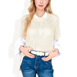 Anna-Kaci Women's Open Knit Pullover Sweater Vest with Cap Sleeves and Ribbed Hem