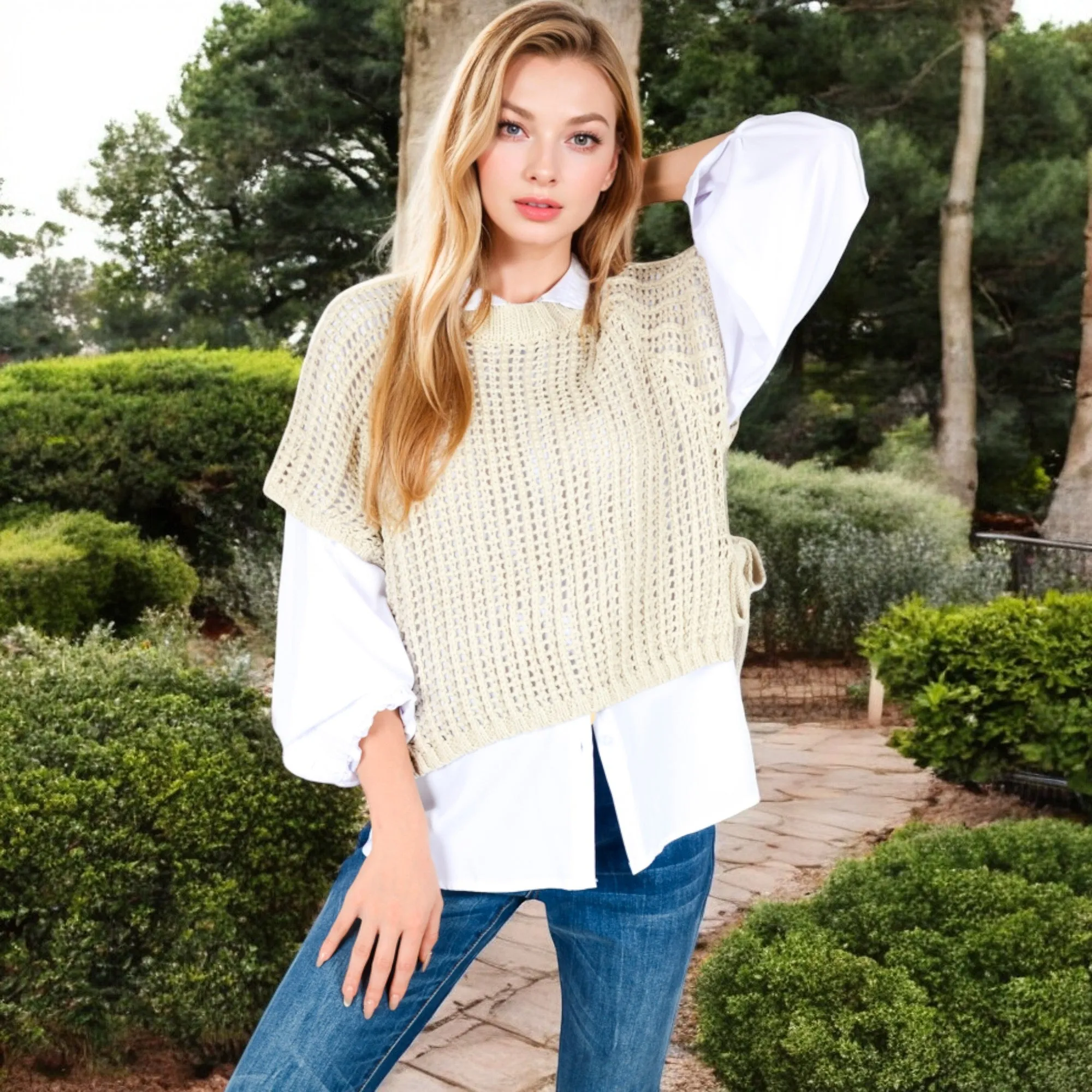 Anna-Kaci Women's Open Knit Pullover Sweater Vest with Cap Sleeves and Ribbed Hem