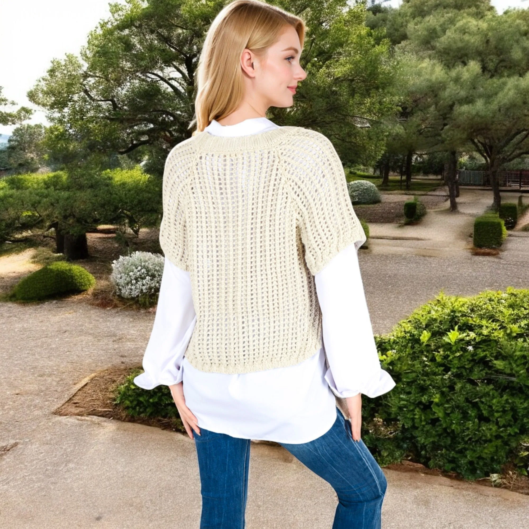 Anna-Kaci Women's Open Knit Pullover Sweater Vest with Cap Sleeves and Ribbed Hem