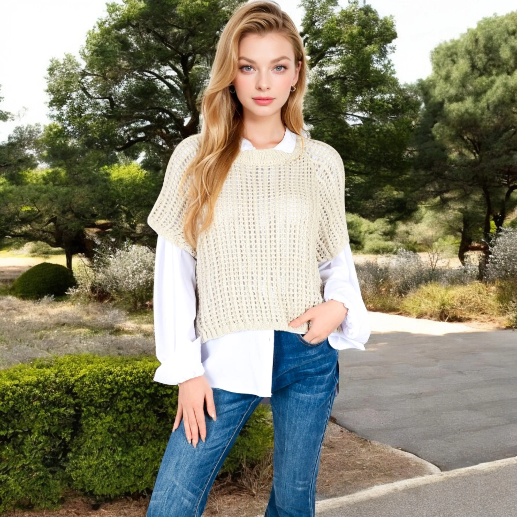 Anna-Kaci Women's Open Knit Pullover Sweater Vest with Cap Sleeves and Ribbed Hem