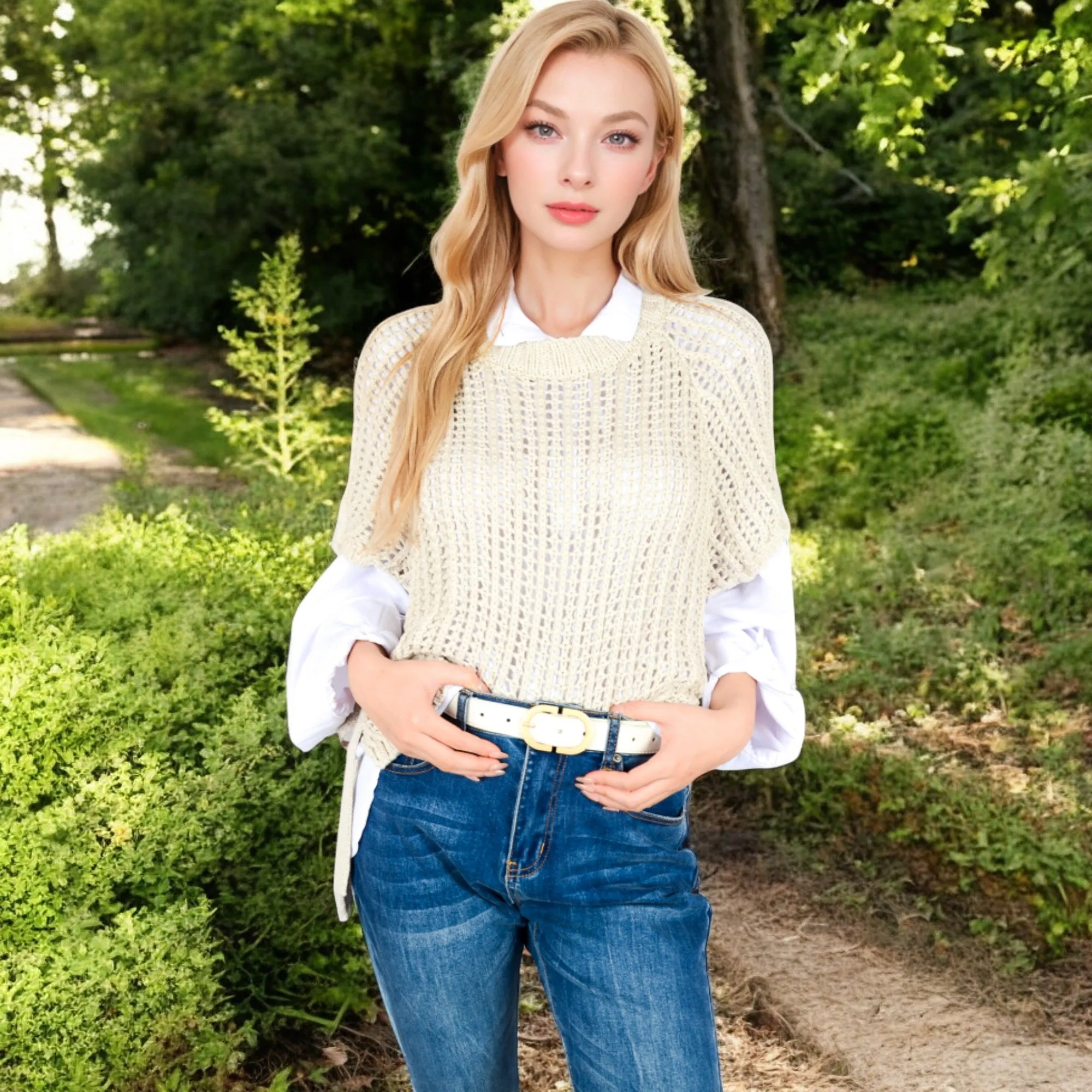 Anna-Kaci Women's Open Knit Pullover Sweater Vest with Cap Sleeves and Ribbed Hem