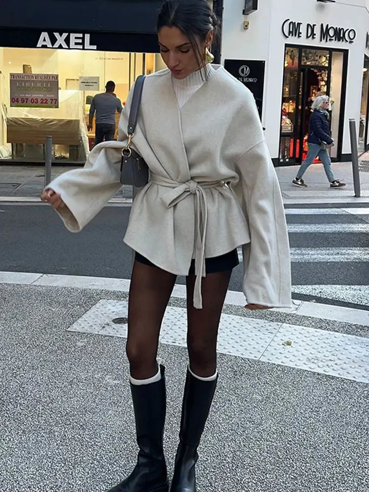 Autumn Collar Belt Pink Women's Wool Coats Thick Warm Casual Long Sleeved V-neck Jackets Female Commute Office Streetwears