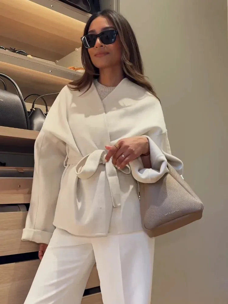 Autumn Collar Belt Pink Women's Wool Coats Thick Warm Casual Long Sleeved V-neck Jackets Female Commute Office Streetwears