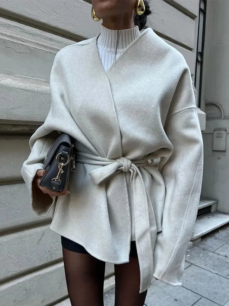 Autumn Collar Belt Pink Women's Wool Coats Thick Warm Casual Long Sleeved V-neck Jackets Female Commute Office Streetwears