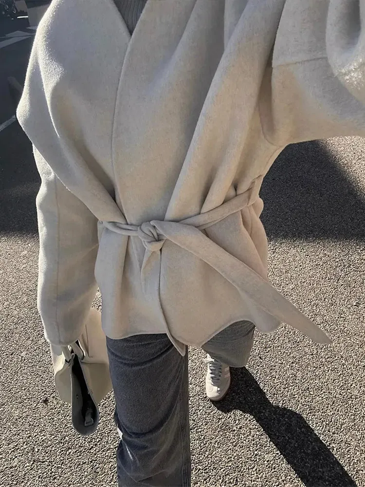 Autumn Collar Belt Pink Women's Wool Coats Thick Warm Casual Long Sleeved V-neck Jackets Female Commute Office Streetwears