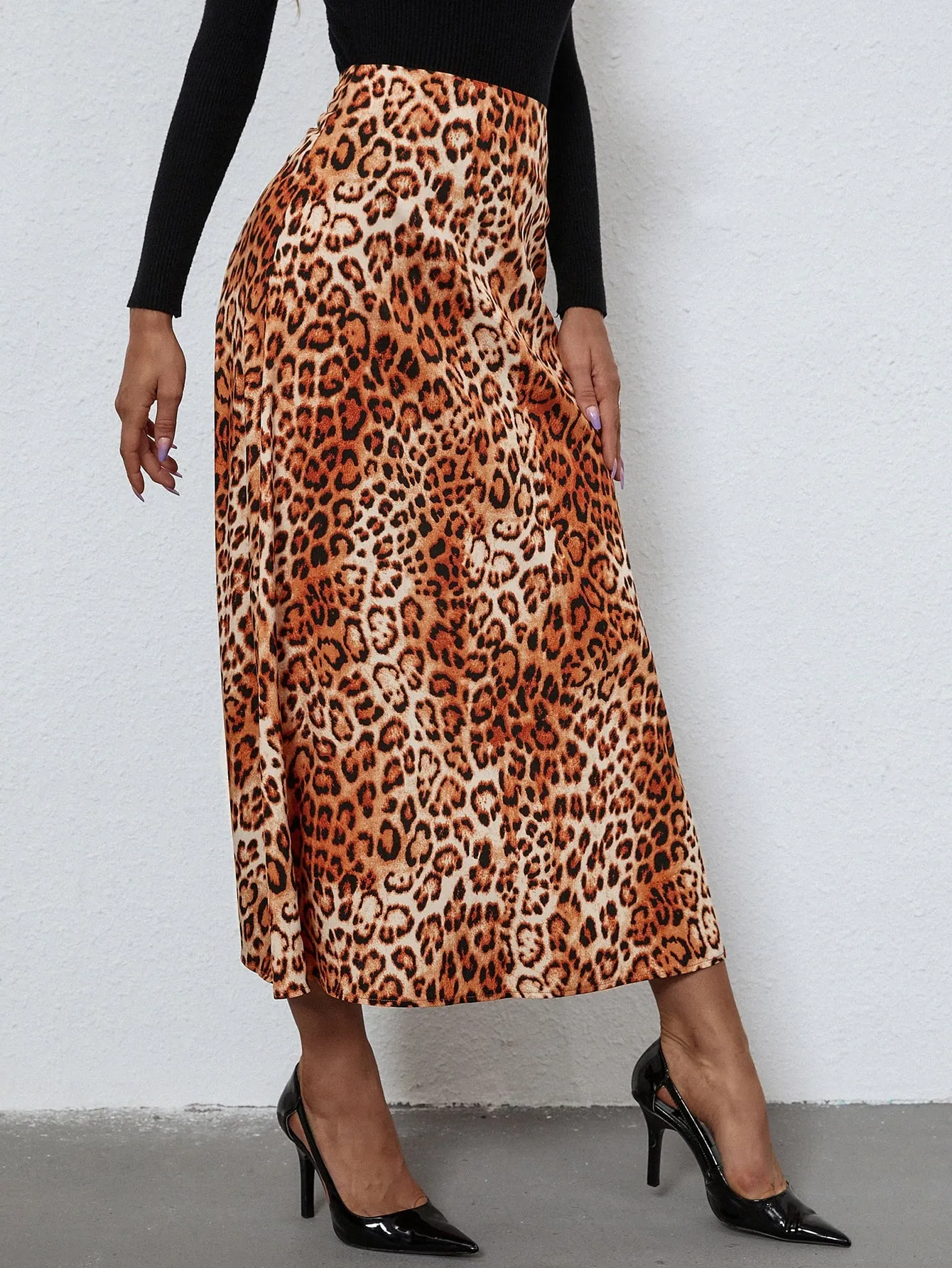 Boho Leopard High Waist Midi Women Skirt