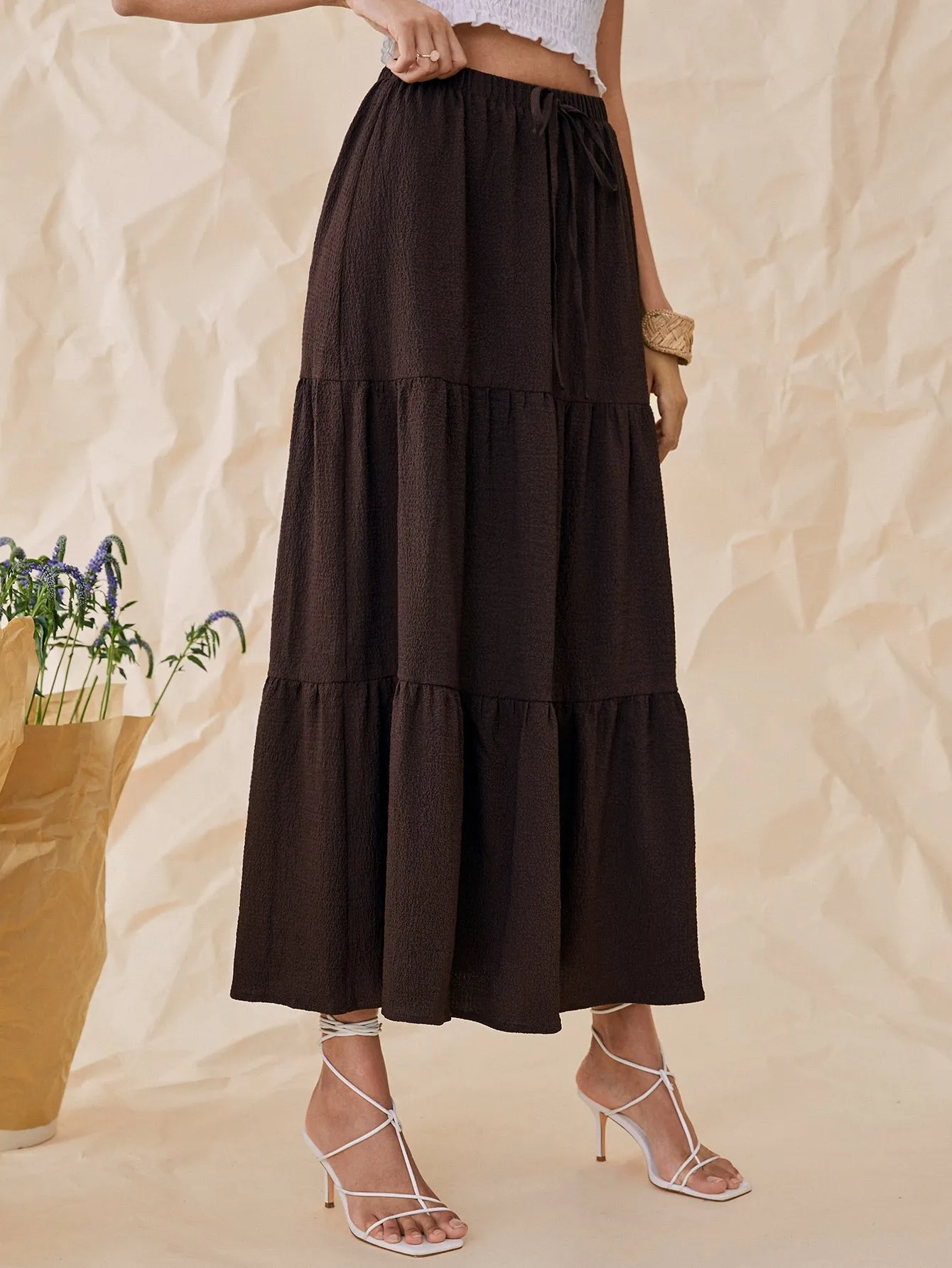 Boho Plain Ruffle Hem High Waist Maxi Women Skirts