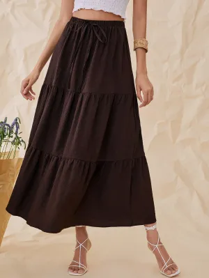 Boho Plain Ruffle Hem High Waist Maxi Women Skirts