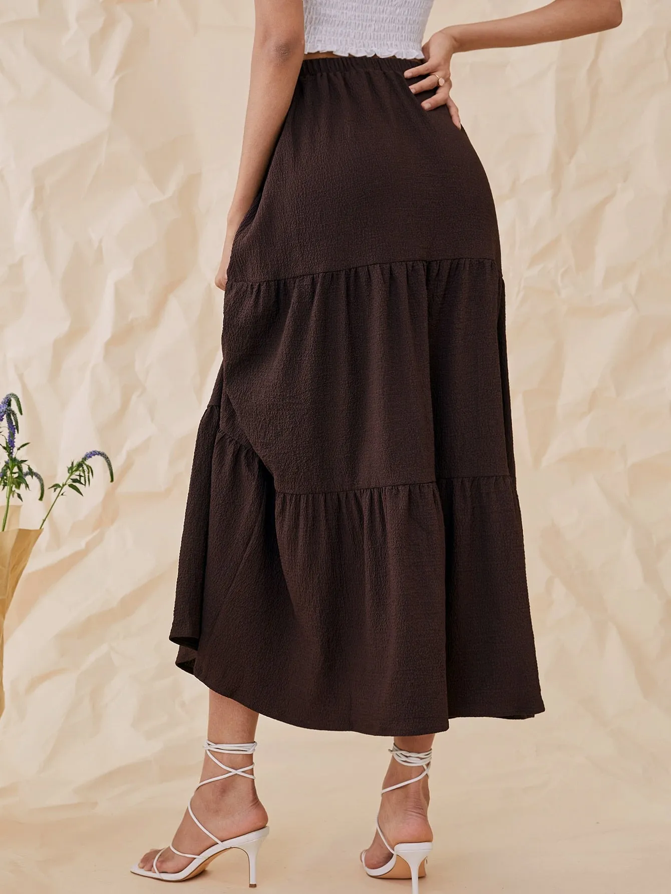 Boho Plain Ruffle Hem High Waist Maxi Women Skirts