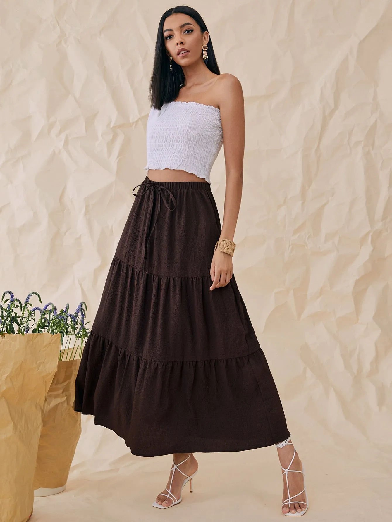 Boho Plain Ruffle Hem High Waist Maxi Women Skirts