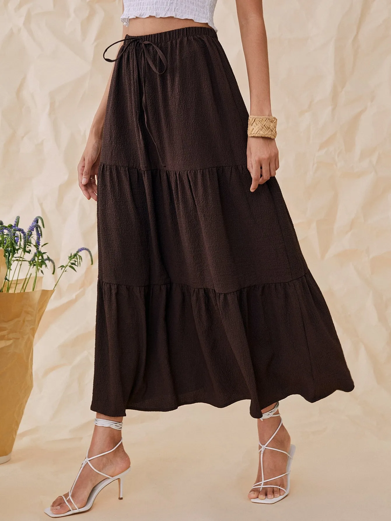 Boho Plain Ruffle Hem High Waist Maxi Women Skirts
