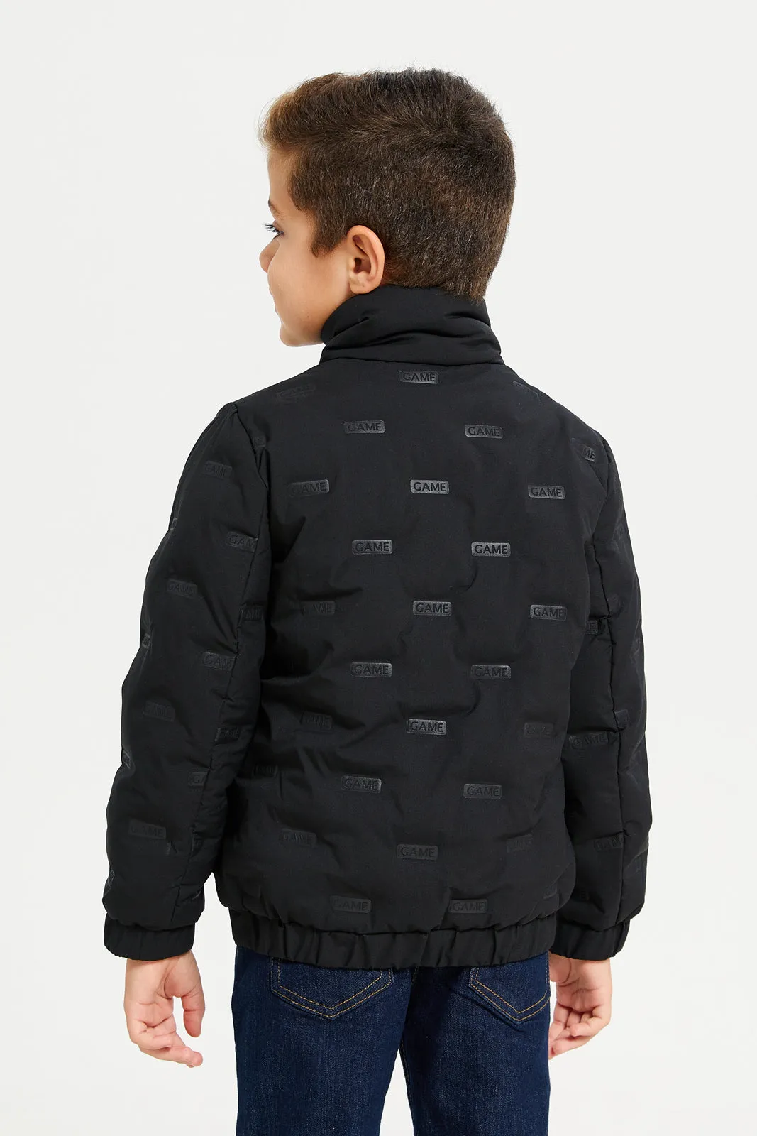 Boys Black Embossed Padded Jacket