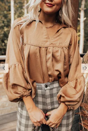 Brown Lantern Sleeve Boho Top