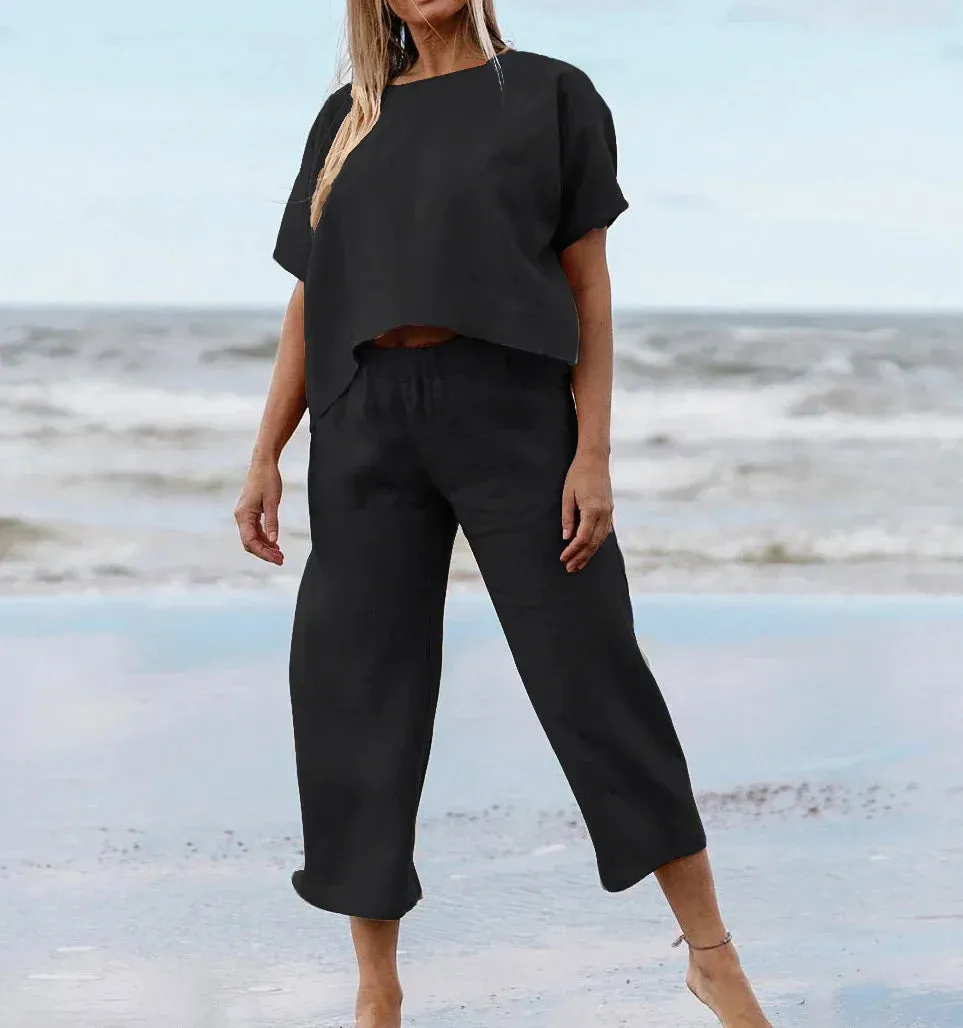 casual loose solid color two piece set