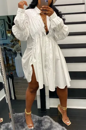 Chic Solid Long Sleeve Drawstring Shirt Dress