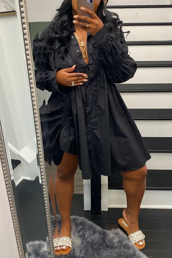 Chic Solid Long Sleeve Drawstring Shirt Dress