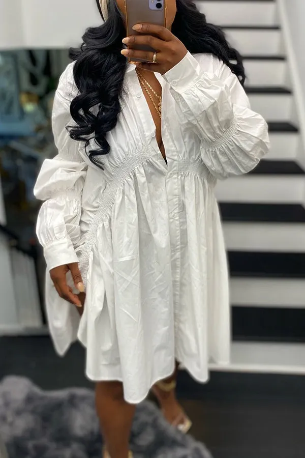 Chic Solid Long Sleeve Drawstring Shirt Dress
