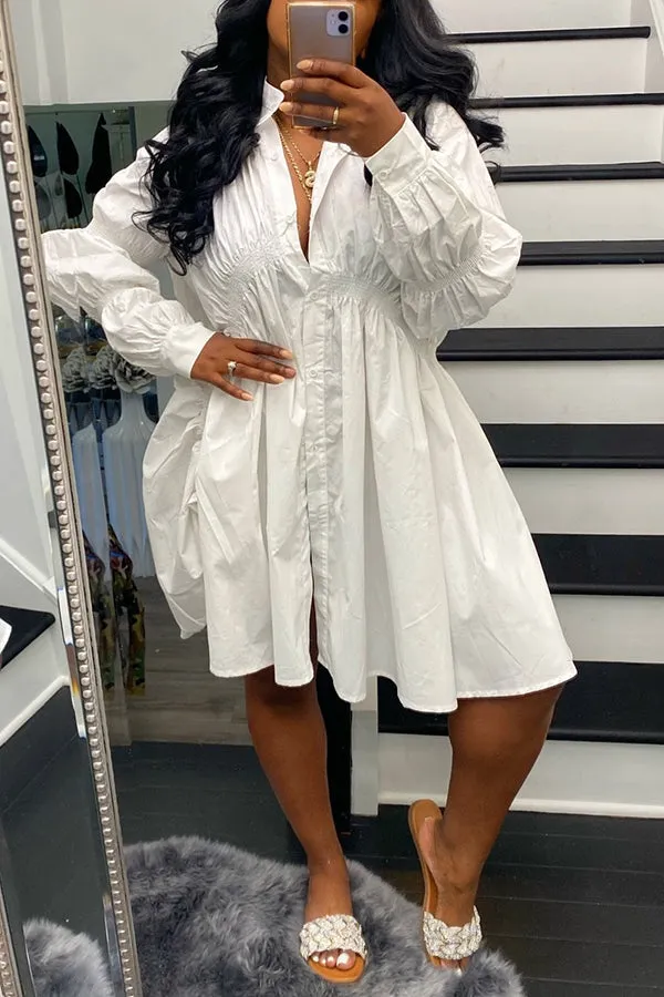 Chic Solid Long Sleeve Drawstring Shirt Dress