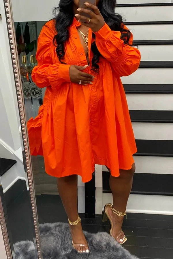 Chic Solid Long Sleeve Drawstring Shirt Dress