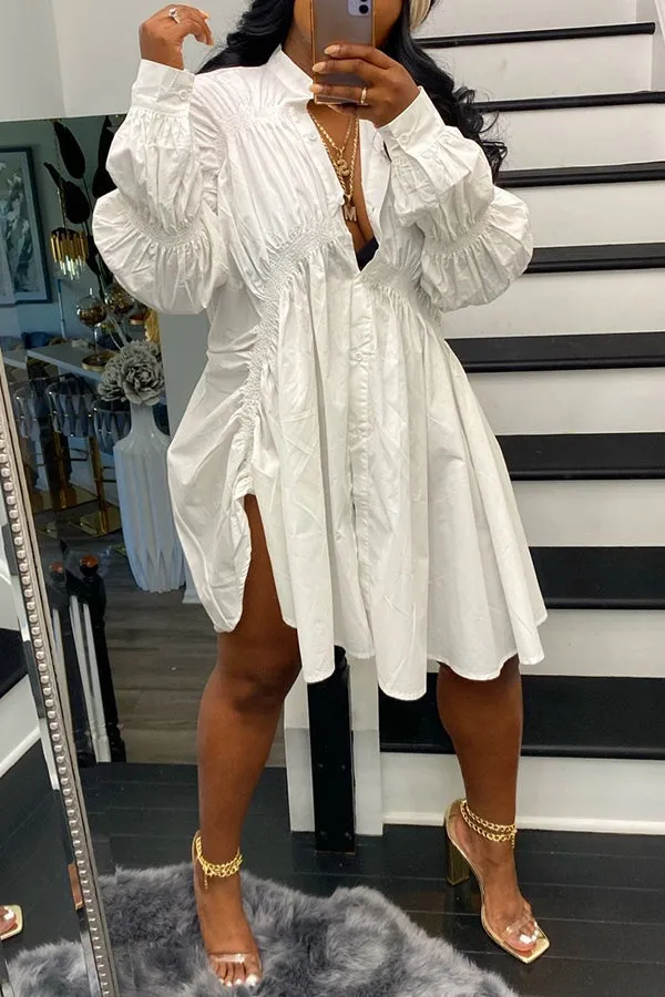 Chic Solid Long Sleeve Drawstring Shirt Dress