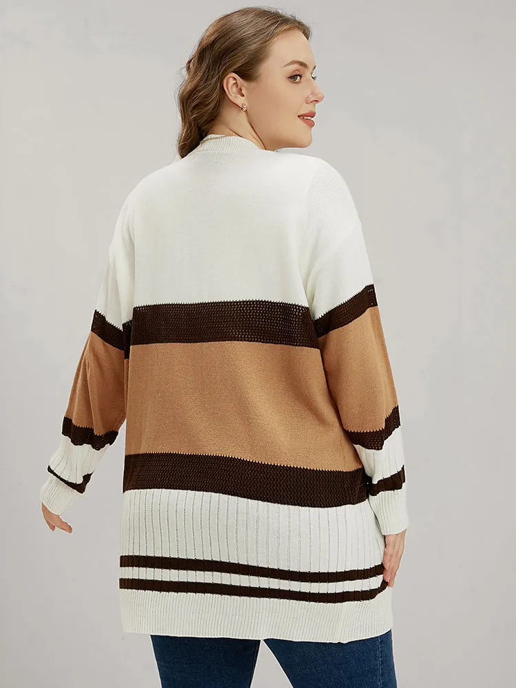 Colorblock Contrast Pointelle Knit Eyelet Open Front Cardigan