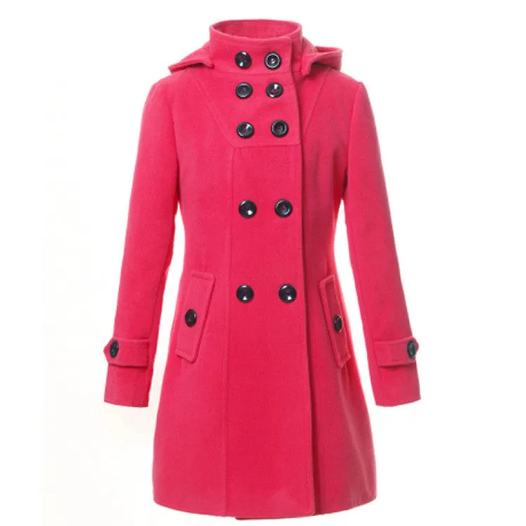 Double Button Hooded Long Sleeves Mid-length Wool Thick Coat