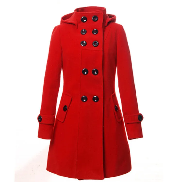 Double Button Hooded Long Sleeves Mid-length Wool Thick Coat