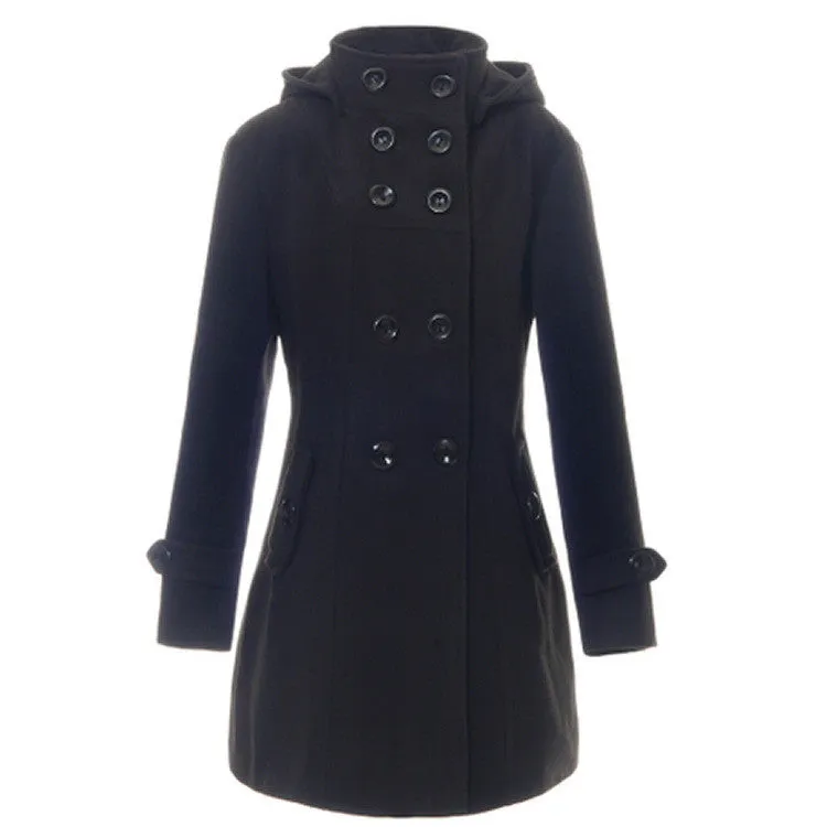 Double Button Hooded Long Sleeves Mid-length Wool Thick Coat