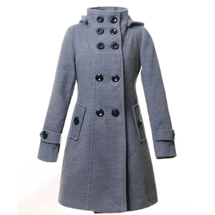 Double Button Hooded Long Sleeves Mid-length Wool Thick Coat