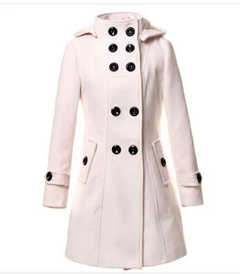 Double Button Hooded Long Sleeves Mid-length Wool Thick Coat