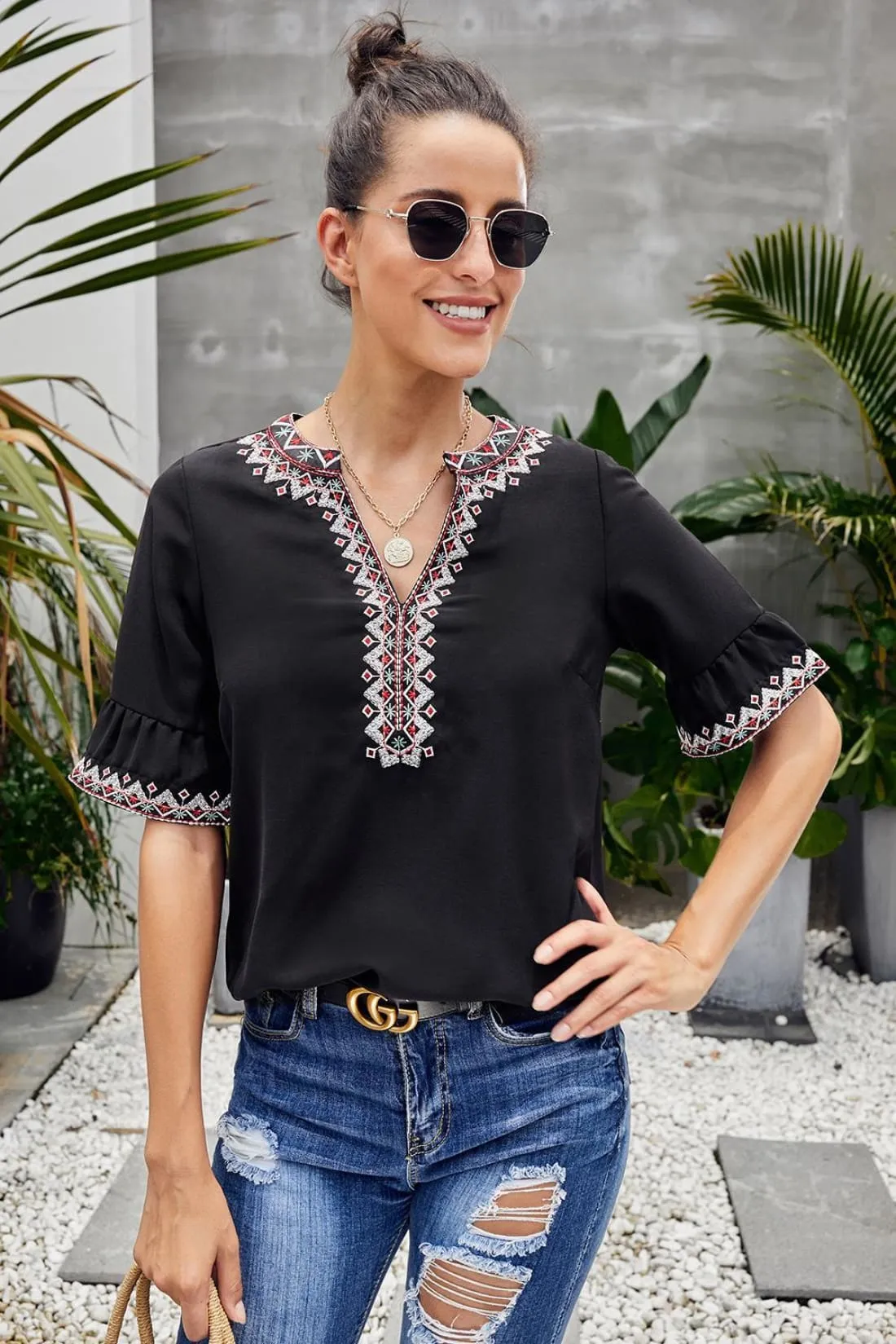 Embroidered Top with Short Bell Sleeves