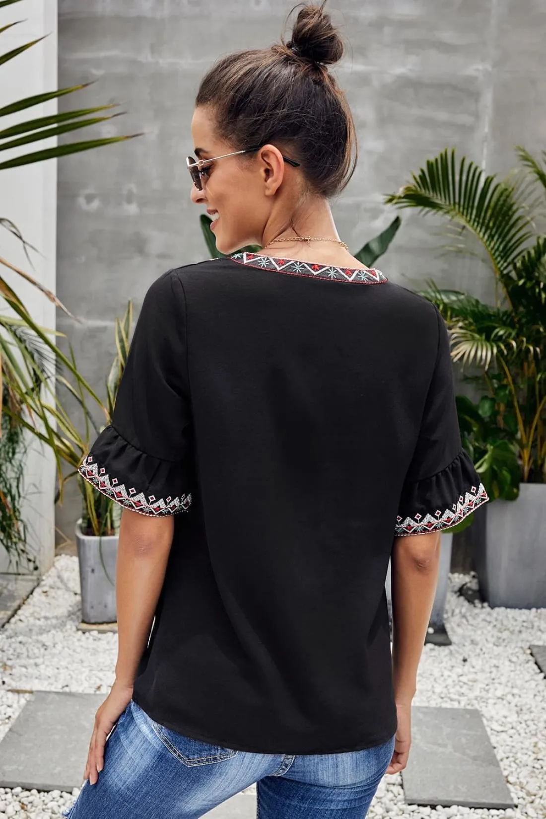 Embroidered Top with Short Bell Sleeves