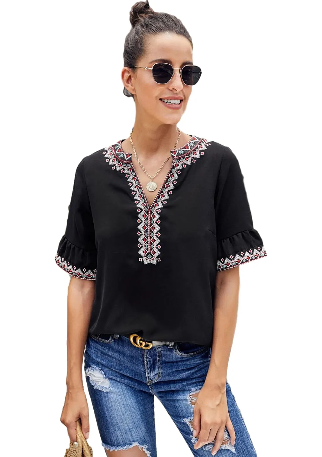 Embroidered Top with Short Bell Sleeves