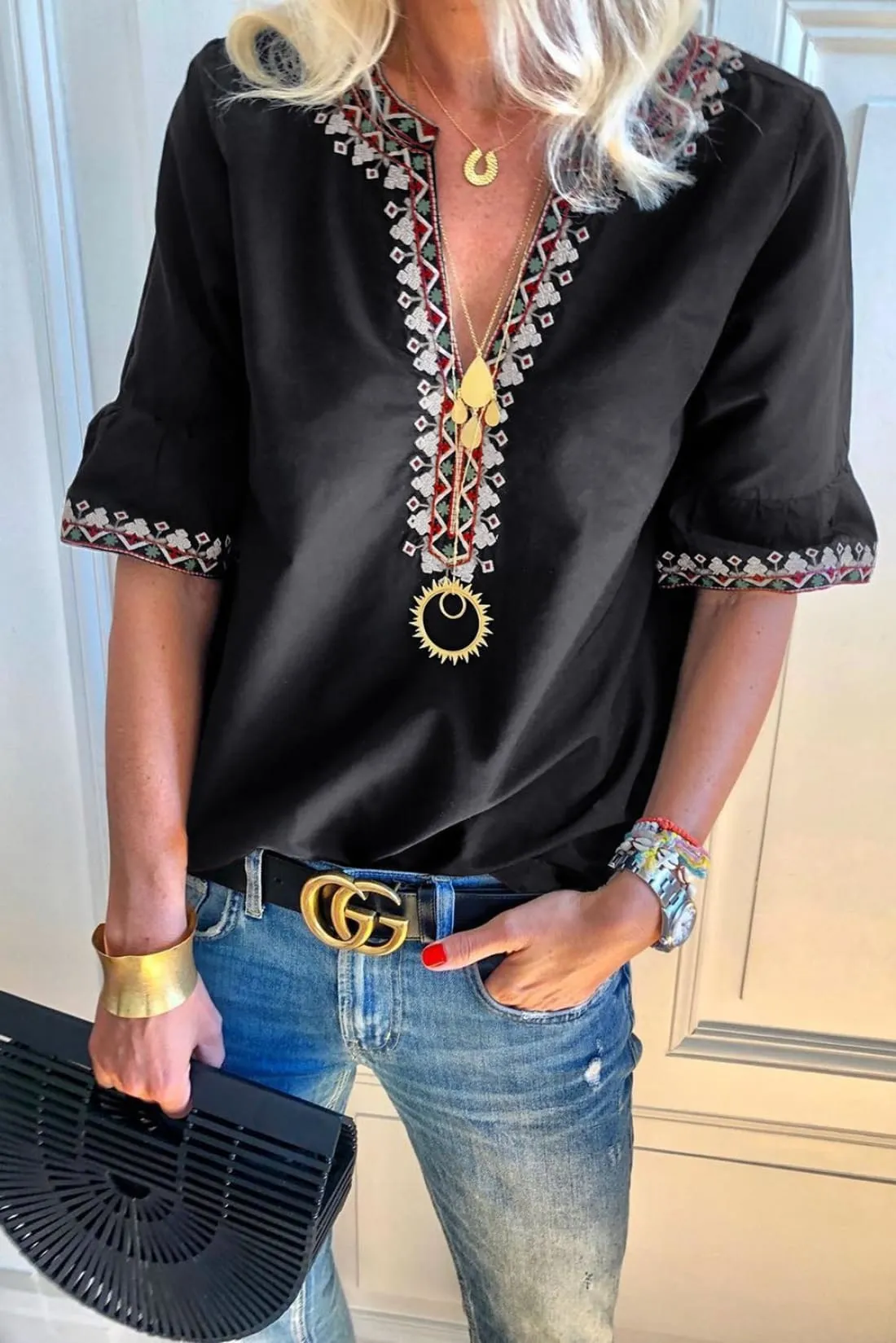 Embroidered Top with Short Bell Sleeves
