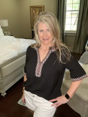 Embroidered Top with Short Bell Sleeves