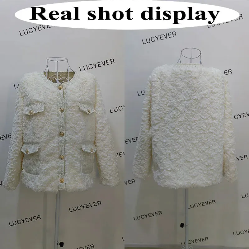 Fashionkova Lucyever Korean Fashion Lamb Wool Coats Women Streetwear O-Neck Faux Fur Jackets Woman 2023 Autumn Winter Thick Warm Plush Coat