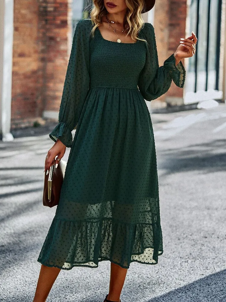 FashionSierra - Chic Lace Lantern Sleeve Ruffles Square Collar Dress