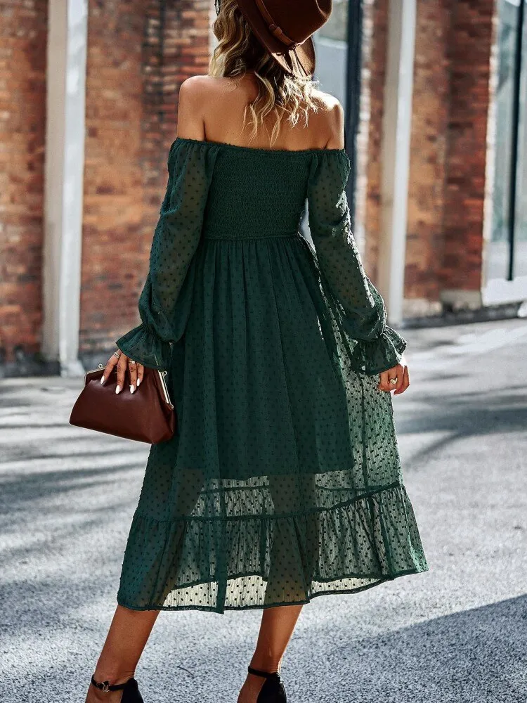 FashionSierra - Chic Lace Lantern Sleeve Ruffles Square Collar Dress