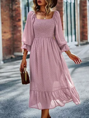 FashionSierra - Chic Lace Lantern Sleeve Ruffles Square Collar Dress