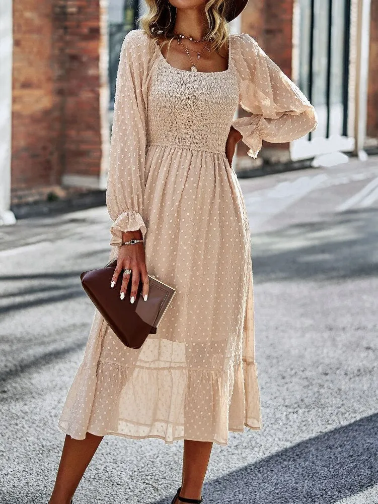 FashionSierra - Chic Lace Lantern Sleeve Ruffles Square Collar Dress