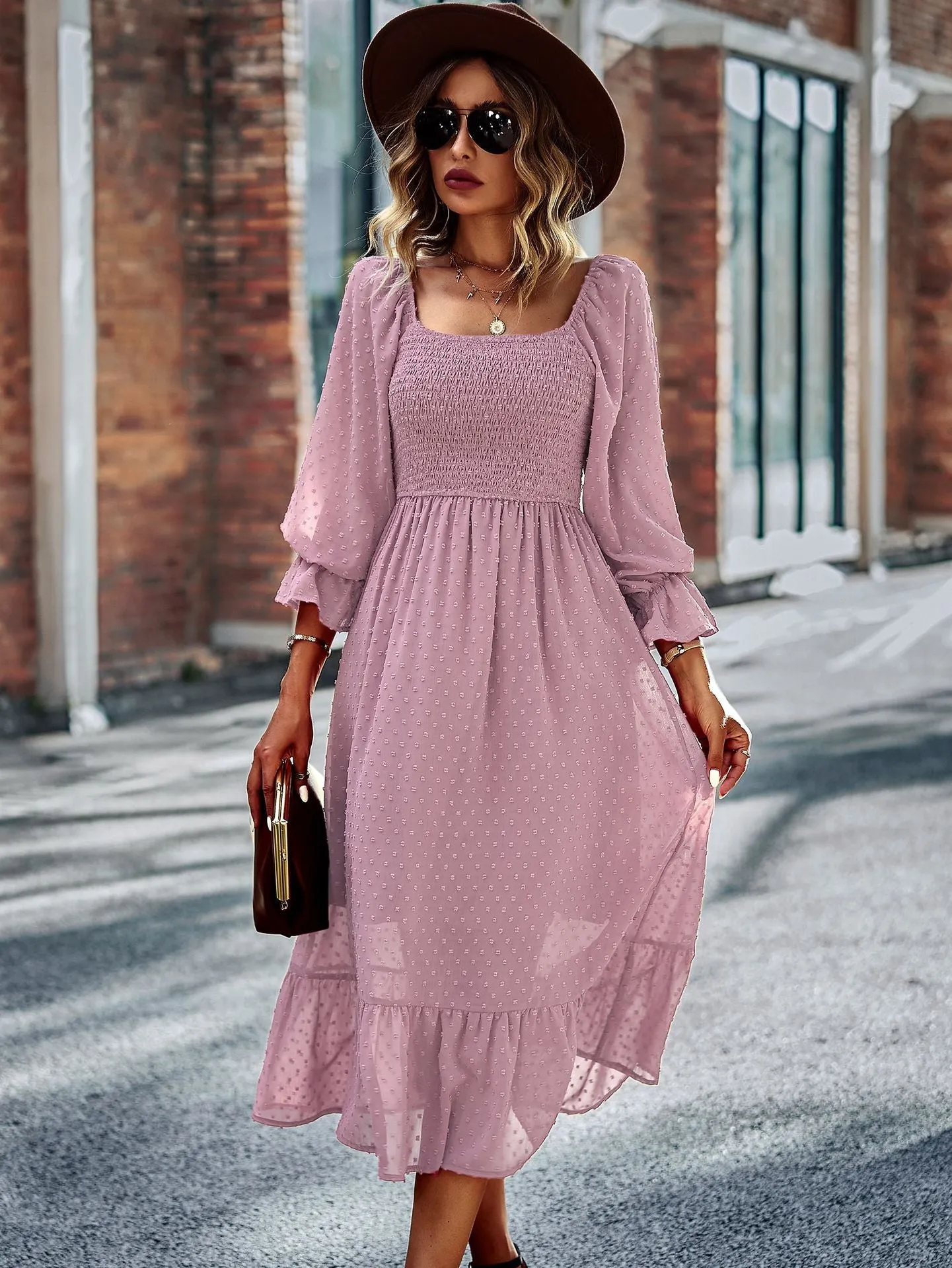 FashionSierra - Chic Lace Lantern Sleeve Ruffles Square Collar Dress
