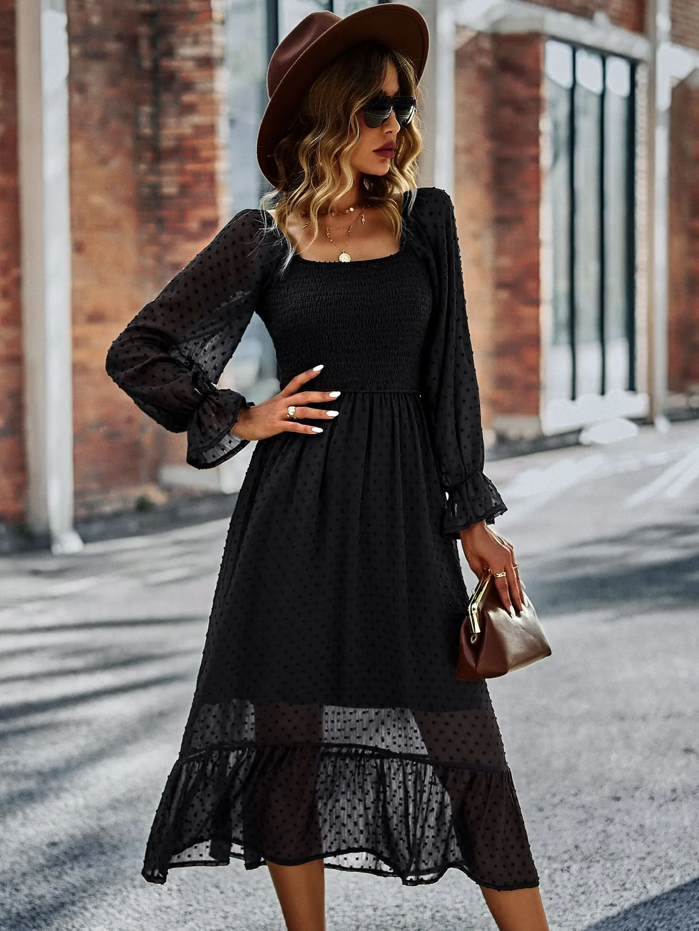 FashionSierra - Chic Lace Lantern Sleeve Ruffles Square Collar Dress
