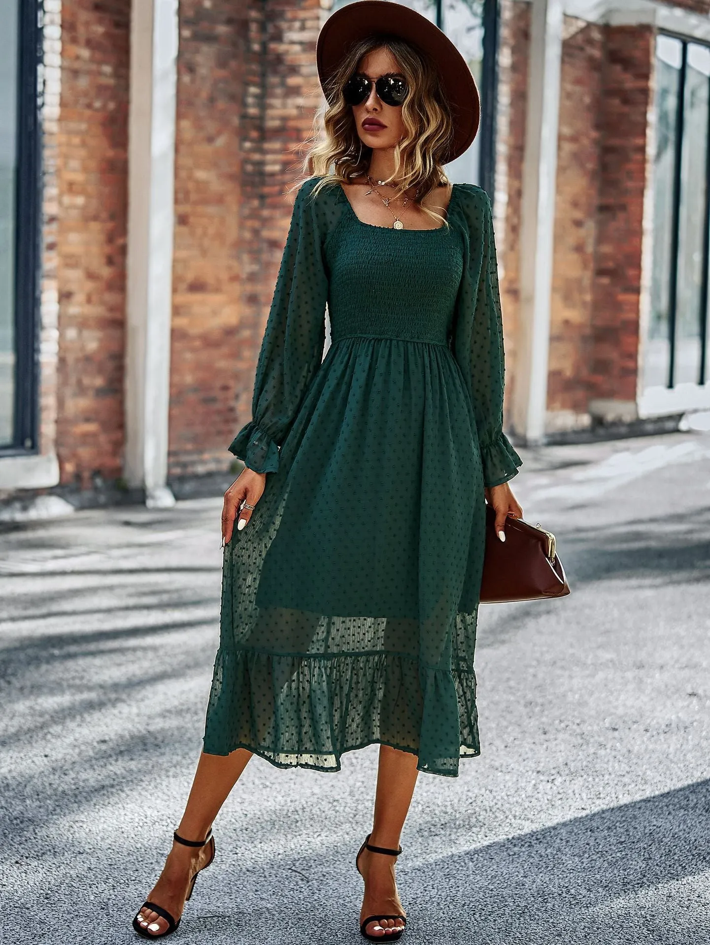 FashionSierra - Chic Lace Lantern Sleeve Ruffles Square Collar Dress