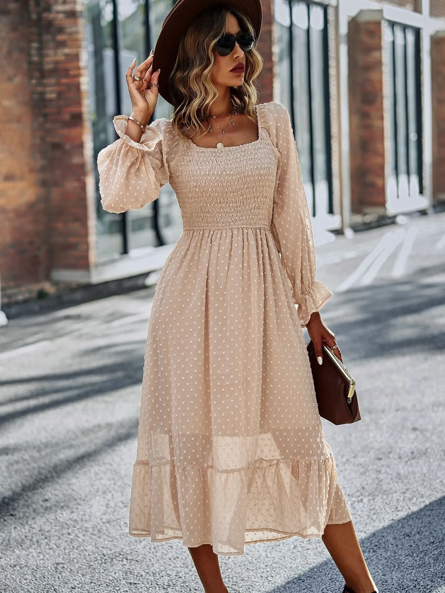 FashionSierra - Chic Lace Lantern Sleeve Ruffles Square Collar Dress