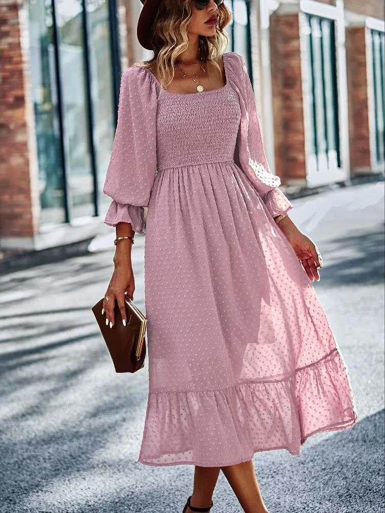 FashionSierra - Chic Lace Lantern Sleeve Ruffles Square Collar Dress