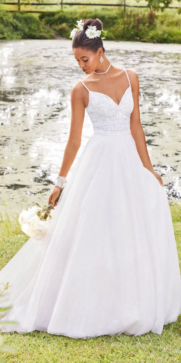 Floral Embroidered Glitter Tulle A-Line Gown