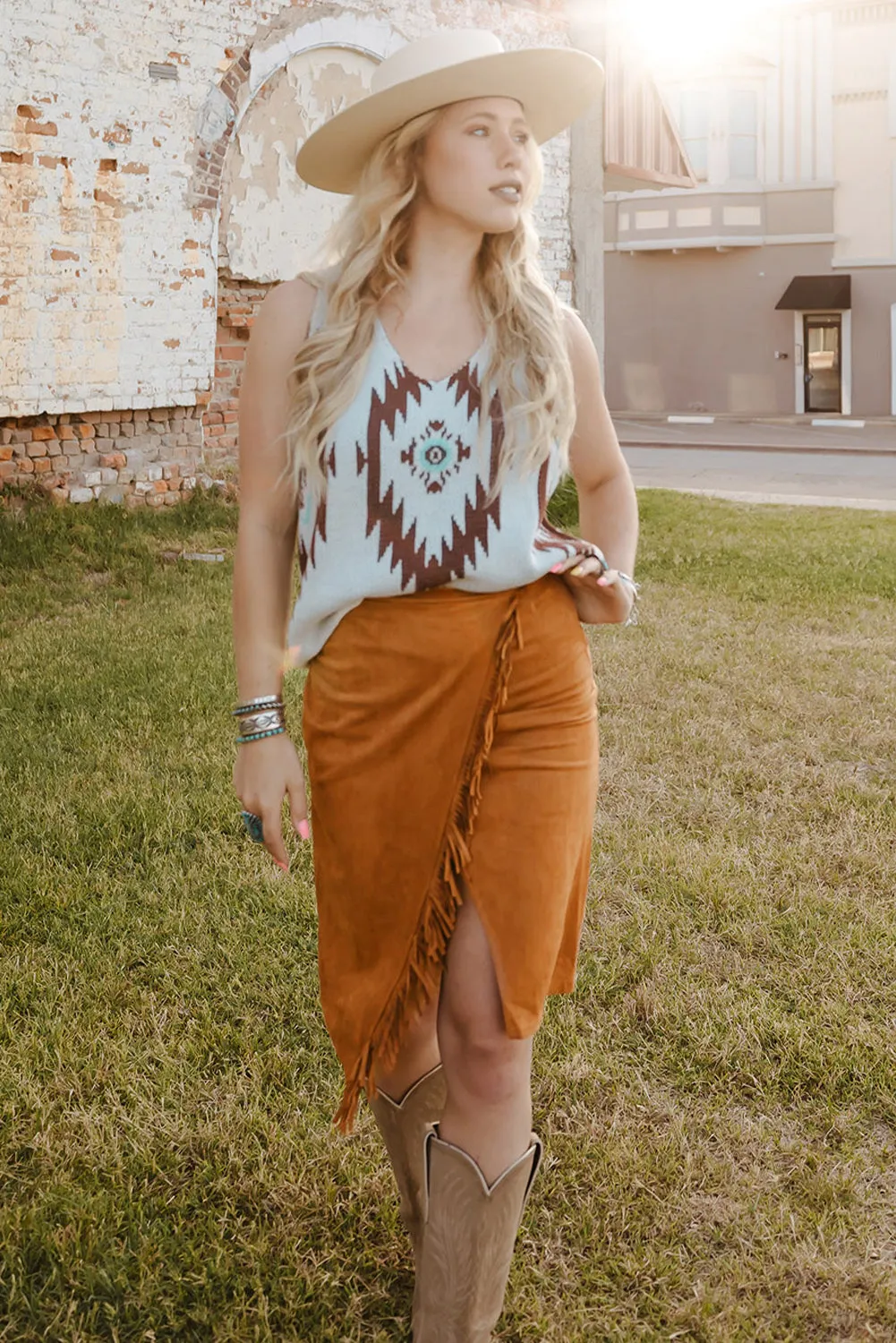 Fringe Trim Boho Wrap Skirt