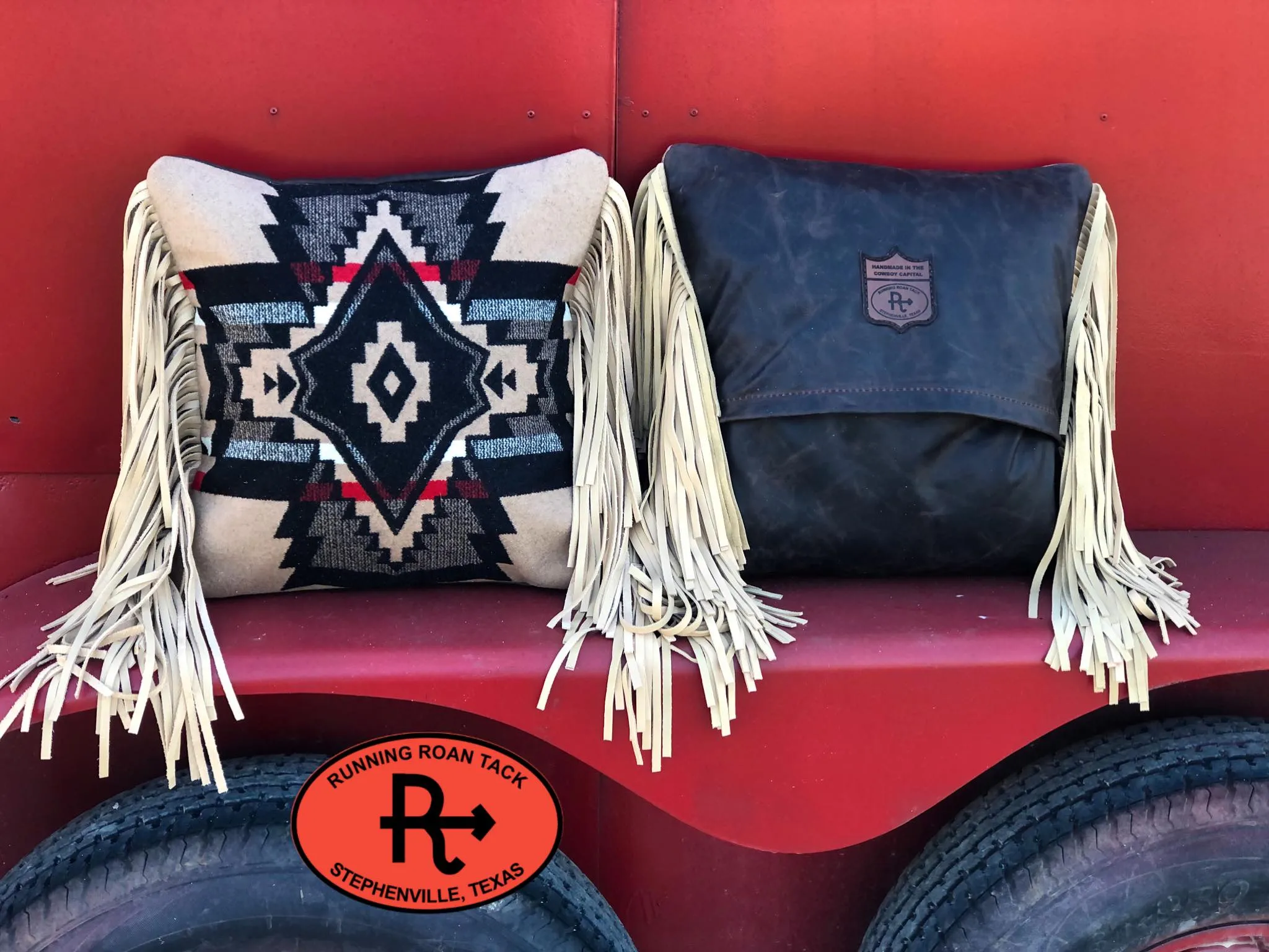 Large "Overall Black" Wool 18"x18" Pillow with Loads of Sand Leather Fringe